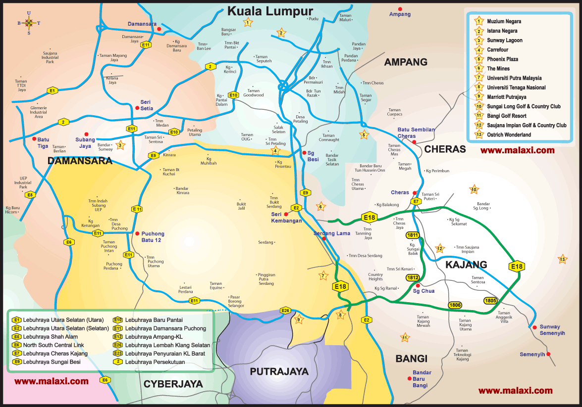 Full Kuala Lumpur city highway, road, street map directory malaysia